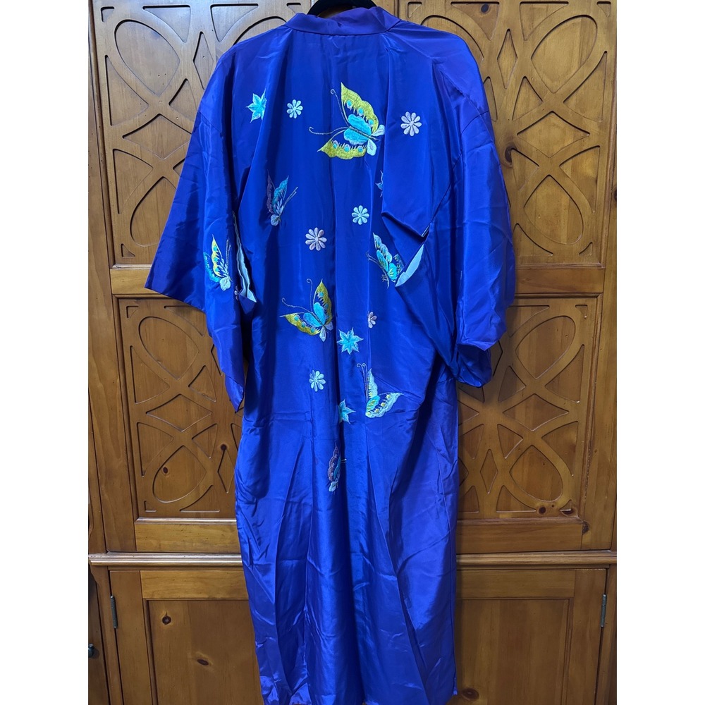 Vintage Best Quality Made in Japan Blue Satin Butterfly Embroidered Kimono Robe